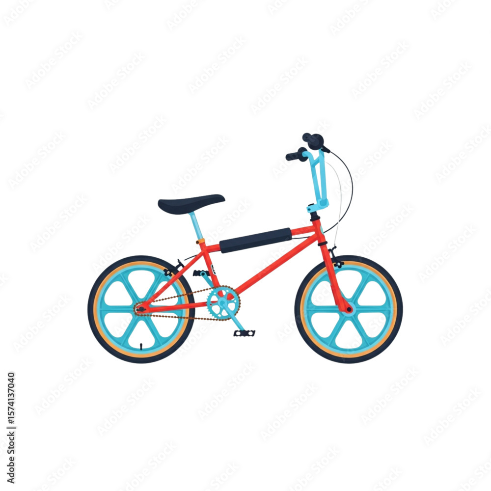 Fototapeta premium A vibrant red BMX bicycle with blue accents isolated on a white background.