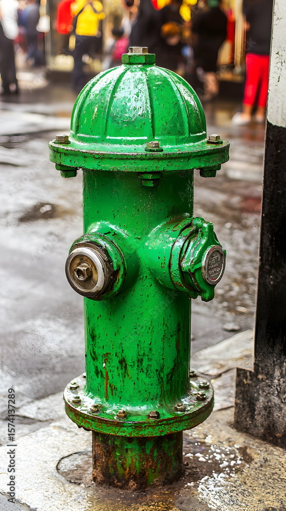 Green fire hydrant on city street, pedestrians blurred in background, urban safety Green fire hydrant on city street, pedestrians blurred in background, urban safety