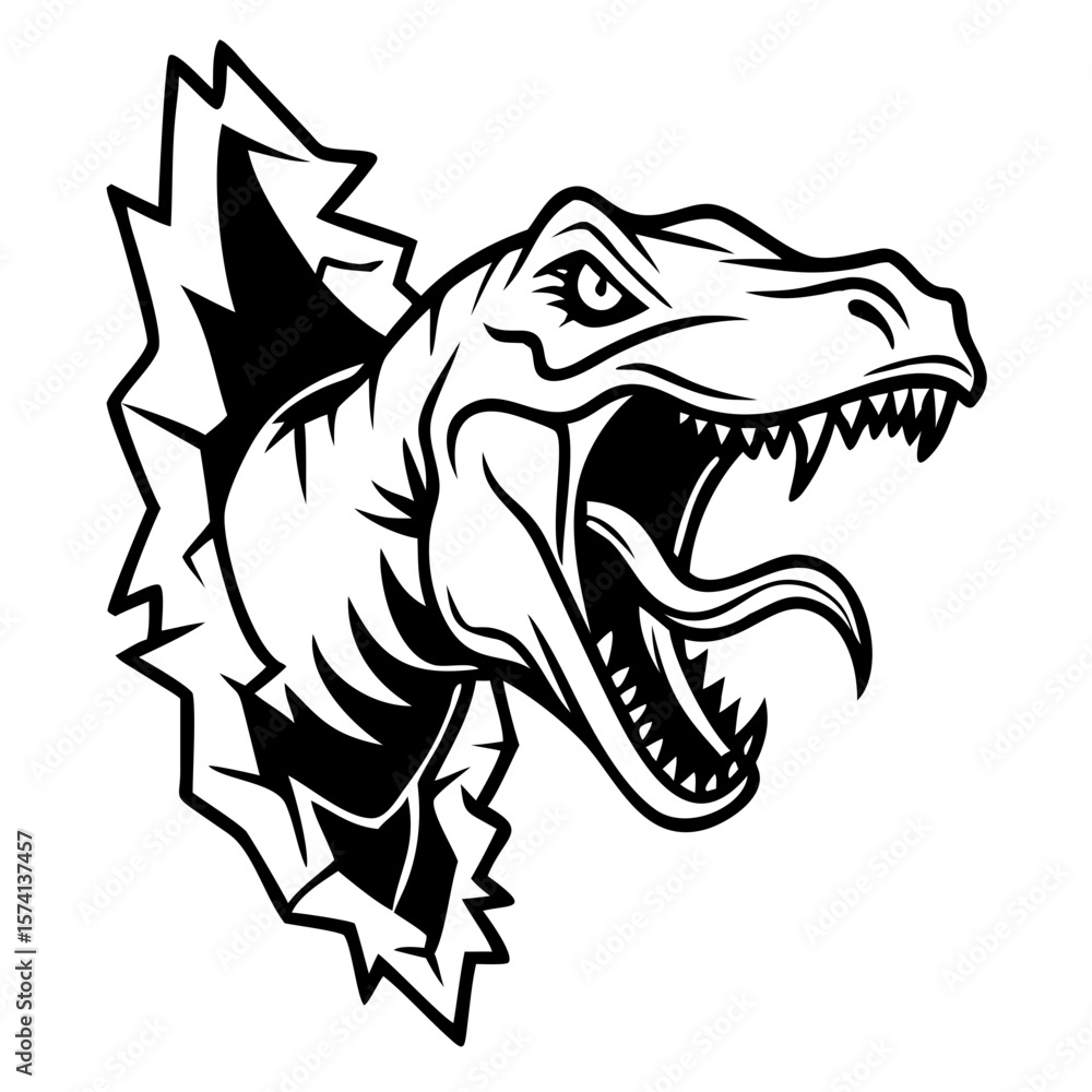 Fototapeta premium Outlined Angry Dinosaur Breaks The Paper Graphic Design