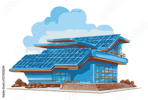 Modern Eco-Friendly House with Solar Panels in Cartoon Style Design