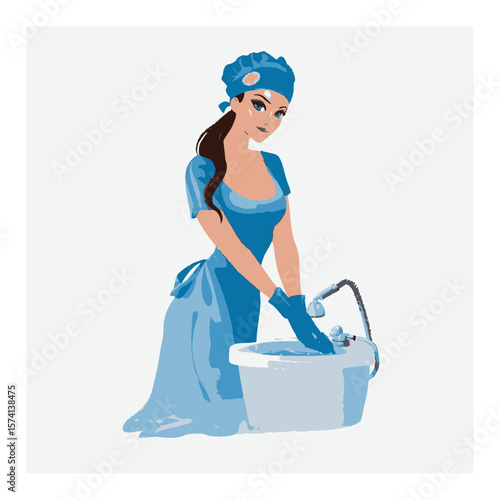 Clean and Elegant Woman in Blue Outfit Washing Dishes Cartoon
