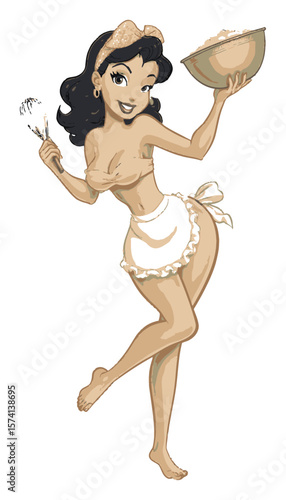 Vintage Style Hand-Drawn Cooking Woman with Mixing Bowl and Whisk