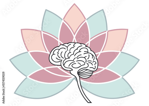 Brain illustration within a stylized flower with pink and blue petals