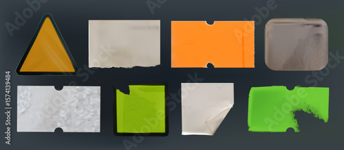 Old price sticker set with torn paper, triangle and crinkled white sheet, weathered cardboard rectangle, crumpled marble texture, beige curled corner and green distressed vintage retail tags.