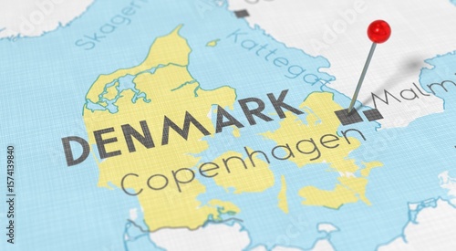 Photos Denmark, Copenhagen - push pin on political map - 3D illustration