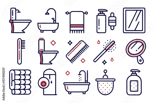 Comprehensive collection of thin line symbols for bathroom facilities featuring essential elements like toilets and other sanitary fixtures for clear visual communication
