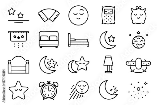 Comprehensive collection of sleep and rest related graphic elements for bedtime themes featuring distinct symbols for slumber and repose