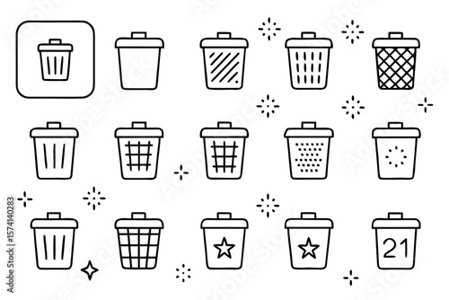 Comprehensive collection of waste receptacle symbols featuring diverse designs for recycling general refuse and specialized disposal needs presented in a clean graphic style