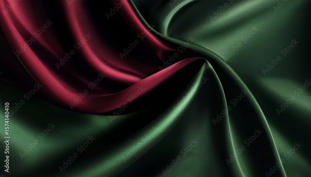 Obraz premium Elegant Dark Green and Carmine Abstract Fabric Design with Dramatic Swirls and Rich Textures