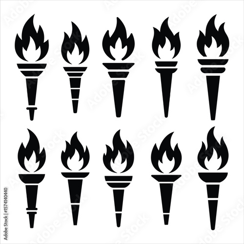 torch flame icon set vector silhouette on white background.