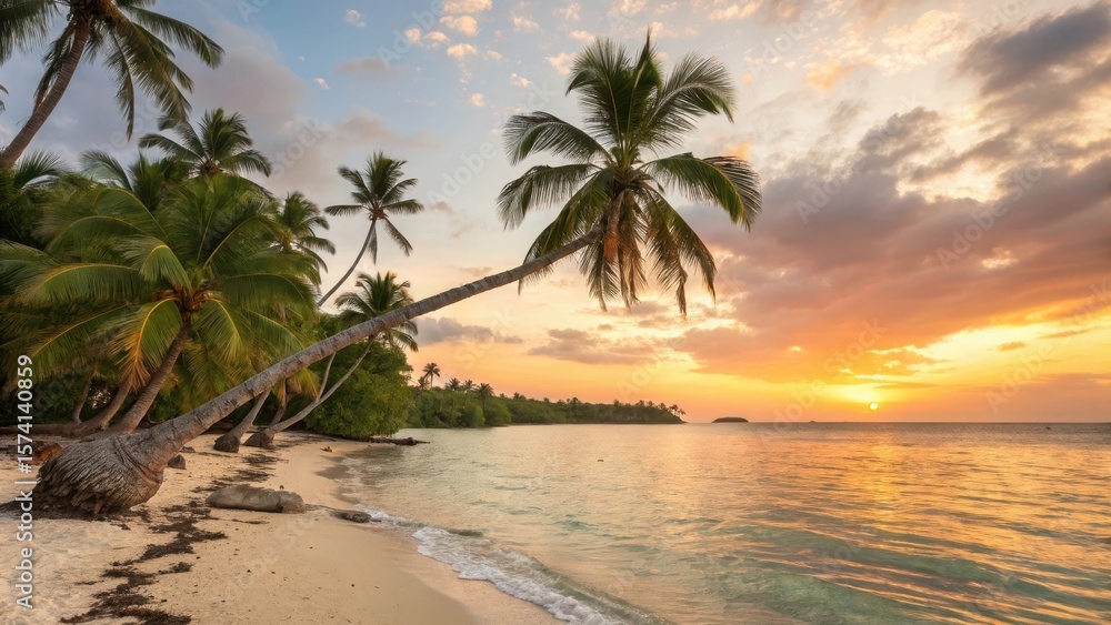 Obraz premium Tropical Caribbean beach with leaning palm trees, clear water, golden sand, and orange sunset. Peaceful summer holiday scene in vibrant natural beauty.