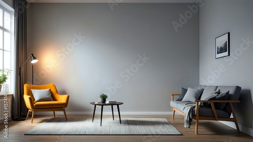 Simple white modern living room with minimal interior. Warm afternoon sunlight coming through windows. A 3D rendered design concept.