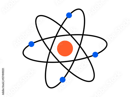 Hand drawn cute cartoon illustration of atom. Flat vector molecular structure doodle. Biotechnology innovation. Health care or physics sticker, icon. Nuclear biochemistry science. Isolated.