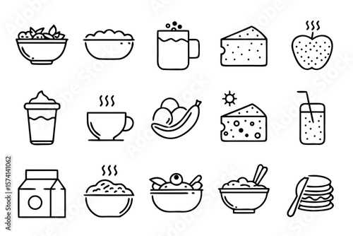 Artistic representation of a breakfast bowl filled with wholesome oatmeal and crunchy cereals presented with a clean editable stroke outline for versatile design applications