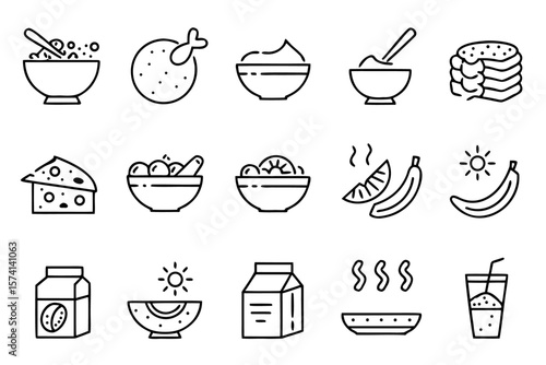 Artistic representation of breakfast oatmeal and cereals featuring a clean editable stroke outline design with vibrant colors for culinary and food related themes