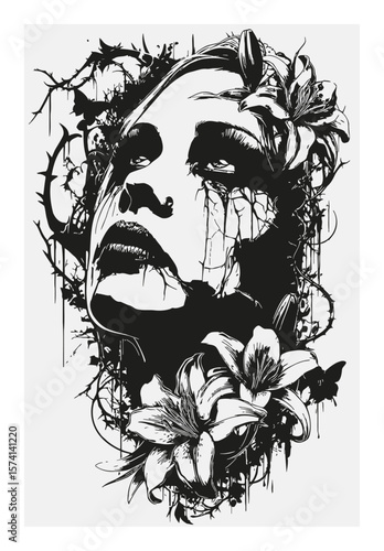 Hand-Drawn Vector Art of a Melancholic Woman Surrounded by Flowers