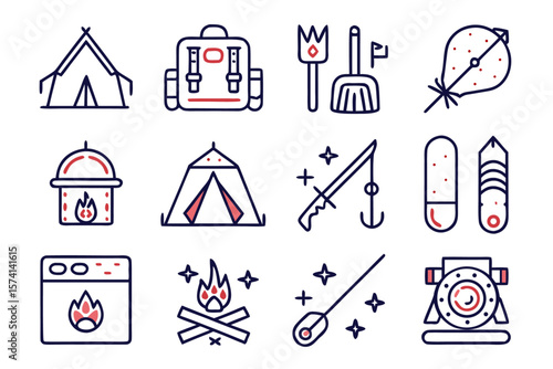 Comprehensive collection of minimalist outdoor adventure line graphics featuring camping essentials and nature elements for creative projects and digital design applications