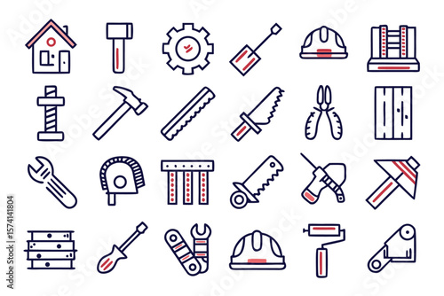 Comprehensive collection of essential construction and repair tools featuring hammers saws wrenches screwdrivers and measuring devices for professional use