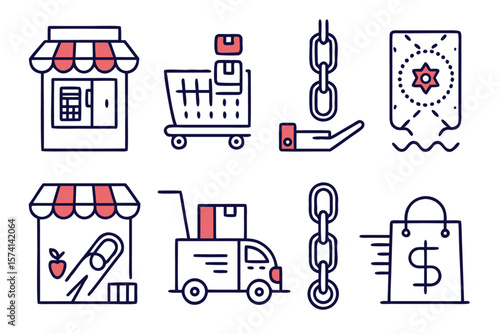Collection of clean modern line art symbols representing retail establishments franchising brand identity and customer engagement for business and marketing use