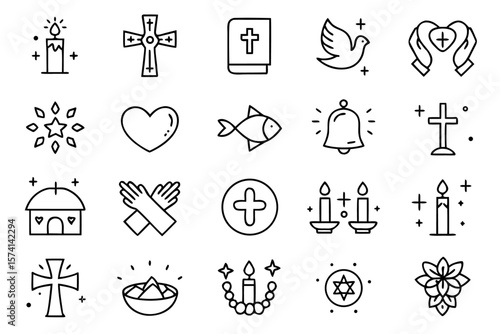 Collection of spiritual symbols and figures representing christian faith including a depiction of jesus presented in a clean modern line art style for diverse applications