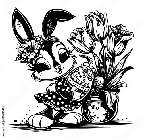Cute Cartoon Rabbit with Flower Pot and Easter Egg in Black and White