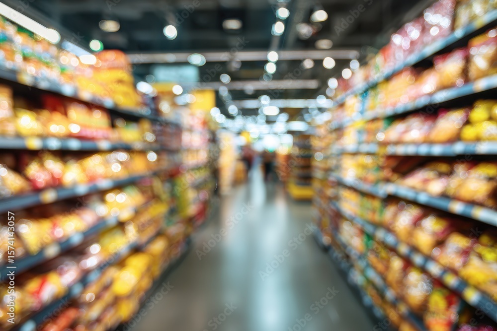 Fototapeta premium Blurred supermarket aisle with snacks