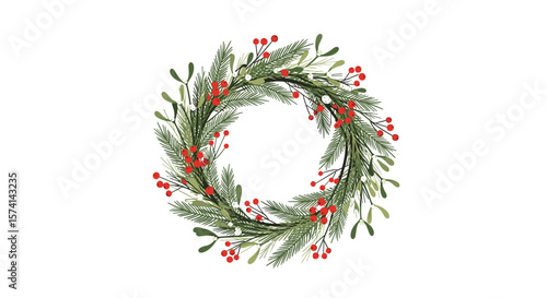Beautiful Festive Winter Holiday Evergreen Wreath Decorated with Red Berries and Greenery