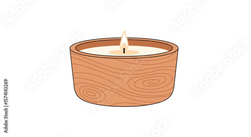 Aromatherapy Candle with Natural Wooden Vessel and Gently Flickering Flame Creating a Relaxing and Inviting Atmosphere