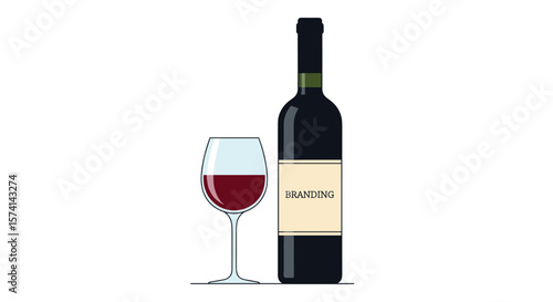A glass and bottle of dark red wine on a white background with no obstructions