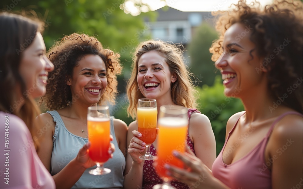 Group of young adults enjoying refreshing summer drinks at outdoor gathering. High quality Group of young adults enjoying refreshing summer drinks at outdoor gathering. High quality
