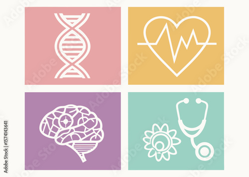 Medical Icons D N A Helix Heart Brain Stethoscope on Colored Backgrounds