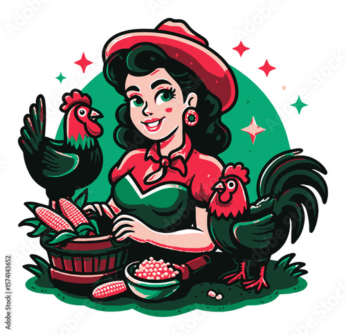 Cheerful Cartoon Farmer Woman With Chickens in a Vibrant Farm Scene