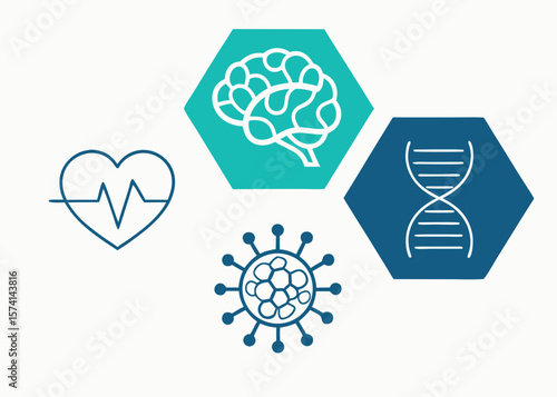 Medical Icons Heart Brain D N A Virus in Teal and Blue
