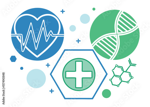 Medical Icons Heartbeat D N A Cross Geometric Shapes