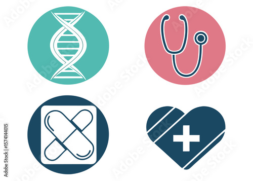 Medical Icons Set: D N A Helix, Stethoscope, Pills, and Heart with Cross