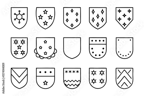 Collection of heraldic emblem designs featuring classic shield shapes and decorative elements for genealogical or historical projects