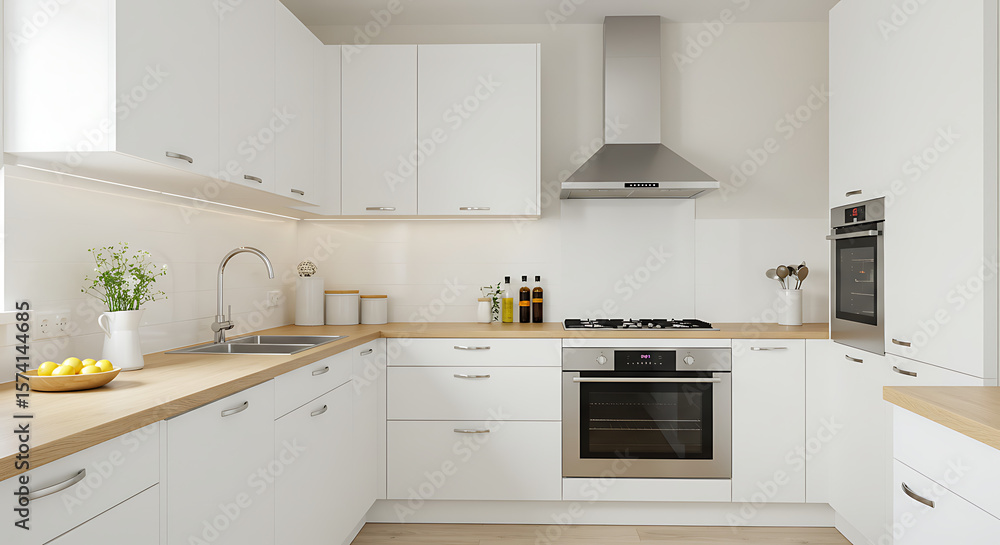 Fototapeta premium Minimalist Kitchen with Sleek Appliances and Wooden Accents