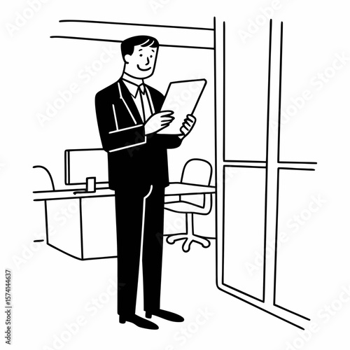 Happy middle aged business man ceo wearing suit standing in office using digital tablet. Smiling mature businessman professional executive manager looking away thinking working on tech device.