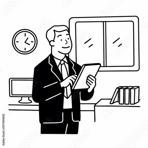 Happy middle aged business man ceo wearing suit standing in office using digital tablet. Smiling mature businessman professional executive manager looking away thinking working on tech device.