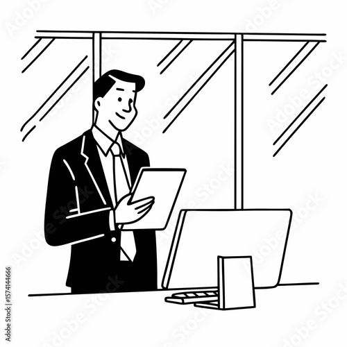 Happy middle aged business man ceo wearing suit standing in office using digital tablet. Smiling mature businessman professional executive manager looking away thinking working on tech device.