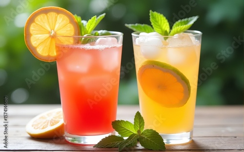 two refreshing summer drinks in glasses with ice garnished with citrus and mint. High quality