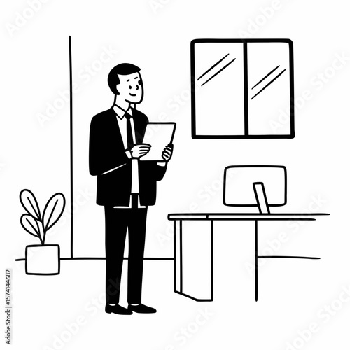 Happy middle aged business man ceo wearing suit standing in office using digital tablet. Smiling mature businessman professional executive manager looking away thinking working on tech device.