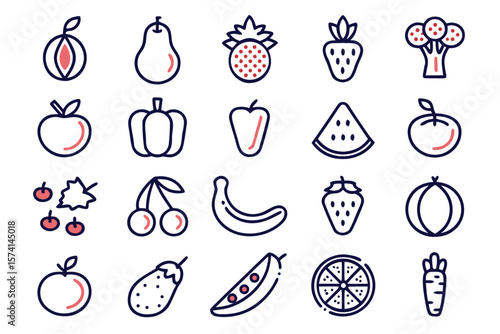 A vibrant assortment of fresh produce featuring a diverse collection of colorful fruits and vegetables presented in a cohesive graphic set perfect for culinary or health related designs