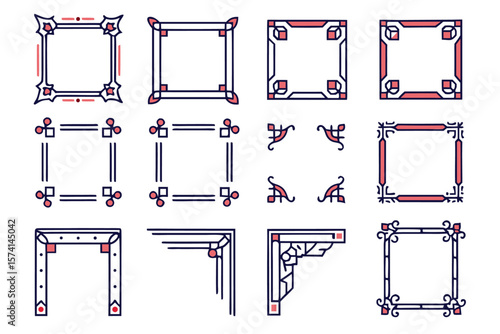 Elegant collection of intricate geometric art deco ornamental elements showcasing luxurious patterns in black yellow cyan and magenta hues for sophisticated design applications