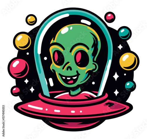 Colorful Cartoon Alien Character in Space with Stars and Planets
