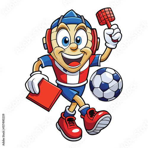 Cartoon soccer official holding a red card and a soccer ball