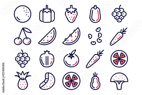 A vibrant and colorful collection showcasing a diverse assortment of fresh fruits and healthy vegetables presented in a clean and appealing graphic design for various applications