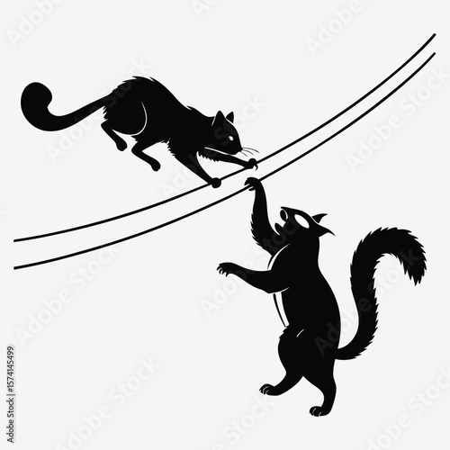 Cat and squirrel dueling on a power line image silhouette design vector art and illustration