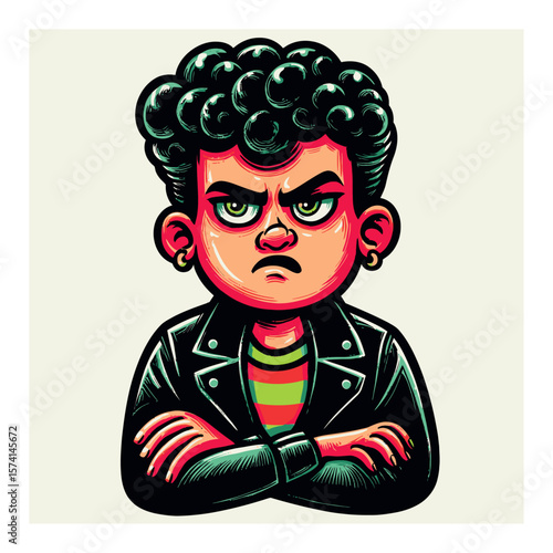 Angry Cartoon Character with Green Hair and Crossed Arms Expression