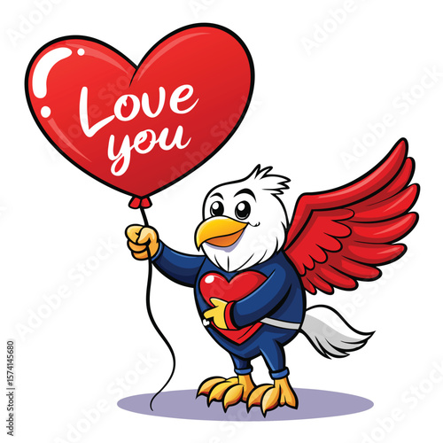 Cartoon eagle holding red heart balloon bird flying